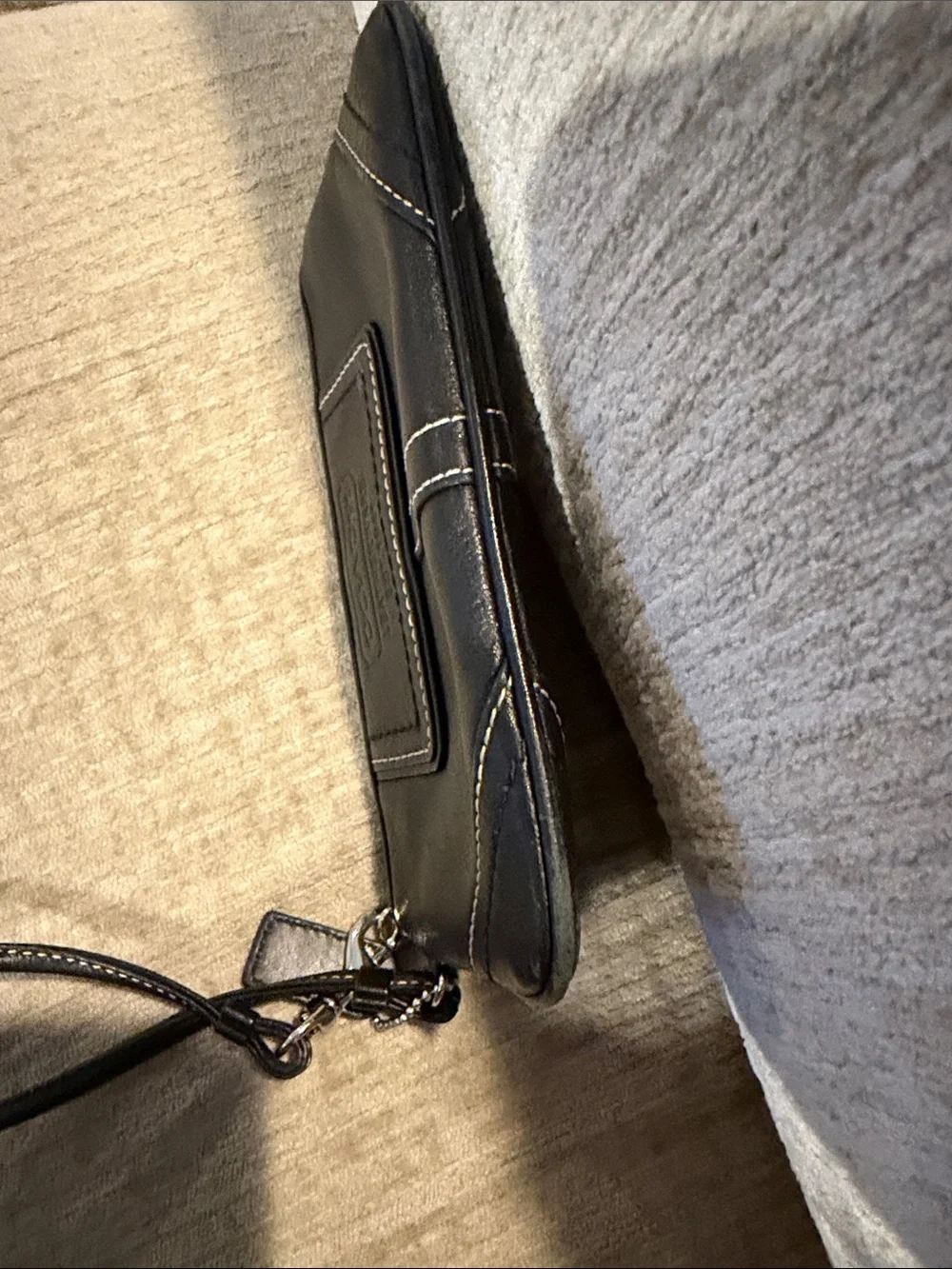 Coach Black Leather Zip Wristlet with Contrast Stitching